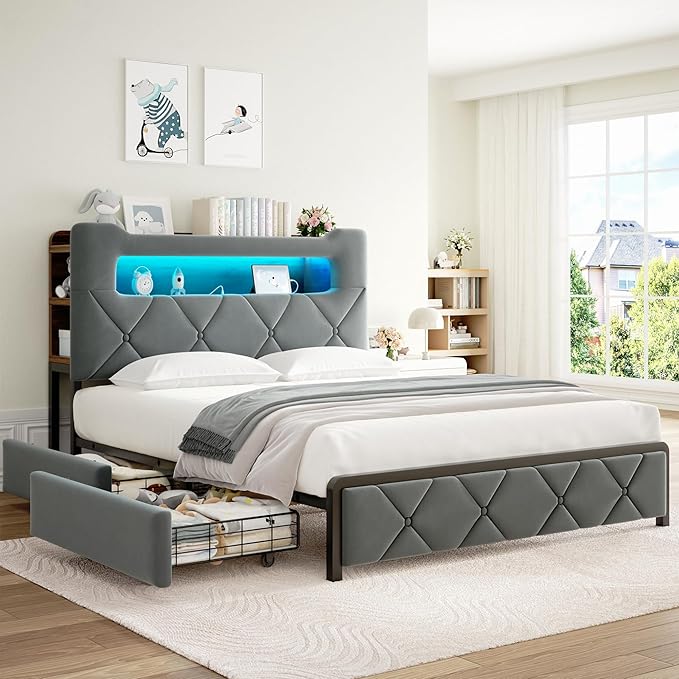 Full Upholstered LED Bed Frame with 2 Storage Drawers and 2-Tier Storage Headboard, Velvet Platform Bed with Charging Station & Bookcase, Heavy Duty Metal Support, No Box Spring Needed, Grey