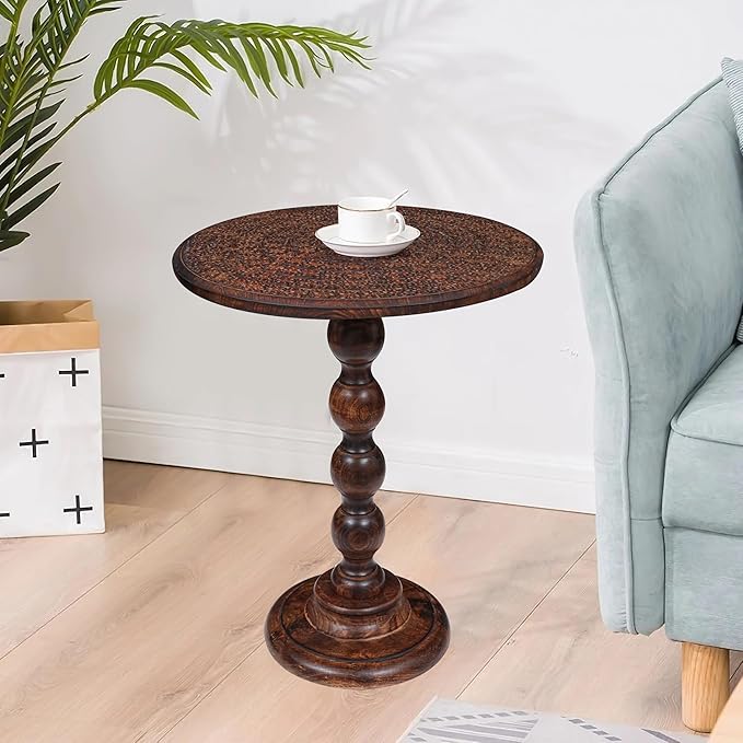 Side Tables Round – Small Drink Table for Small Spaces, Modern Accent Nightstand with Hand-Carved Top & Solid Wood Tables for Living Room, Bedroom, Office – Scorch Burnt Finish_18x22 Scorch Burnt