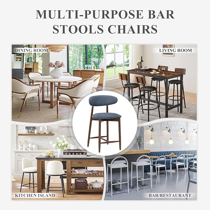 COLAMY Mid Century Modern Bar Stools Set of 4, Counter Height, Blue Fabric Upholstered Wooden Barstools with Back, 25 Inch