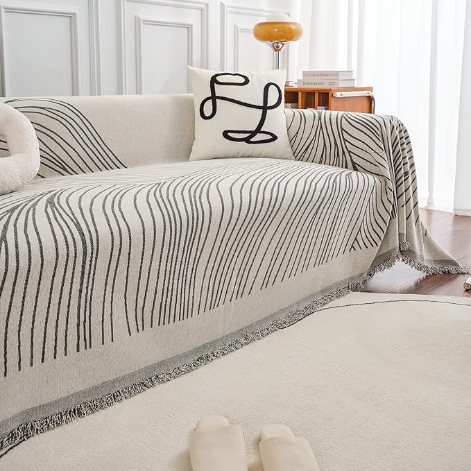 STACYPIK Stylish Striped Sofa Cover for Dogs,Non Slip Couch Protector for 3 Cushion Sofa, Pet-Friendly Couch Covers for Loveseat, Washable Boho Jacquard Couch Cover Blanket for Living Room-71X134IN