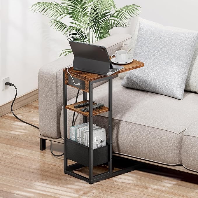 C Shaped End Table with Charging Station, Small Side Table for Couch Recliner, Slide Under Sofa Desk Snack Tables with Storage Bag & AC / USB Outlet, Small Spaces Drink Tables for Living Room, Bedroom