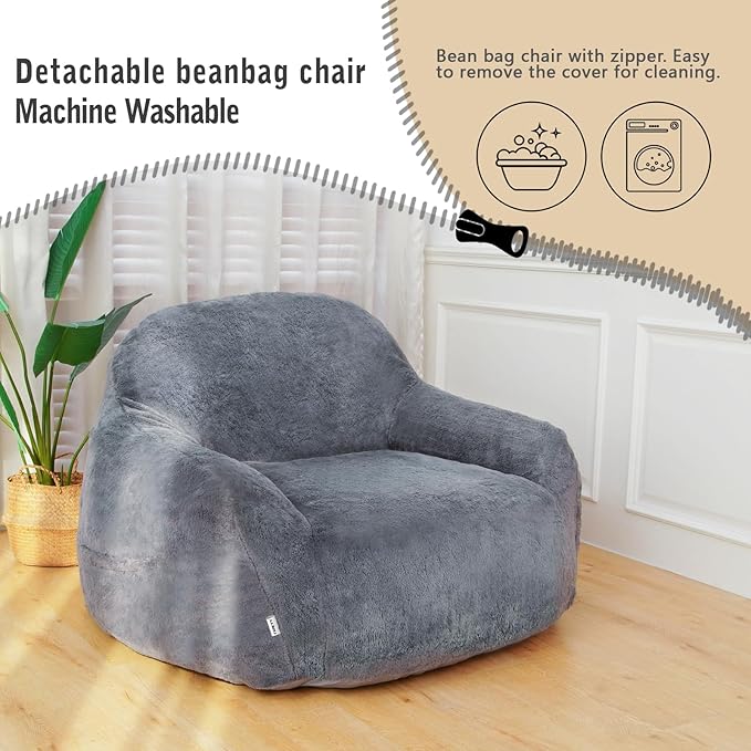 FAREYY Giant Bean Bag Chair with Armrests, Oversized Bean Bag Couch for Adults and Kids, Faux Fur Comfy Large Chair with Filler, Stuffed Lounge Floor Boneless Chair for Living Room, Light Gray