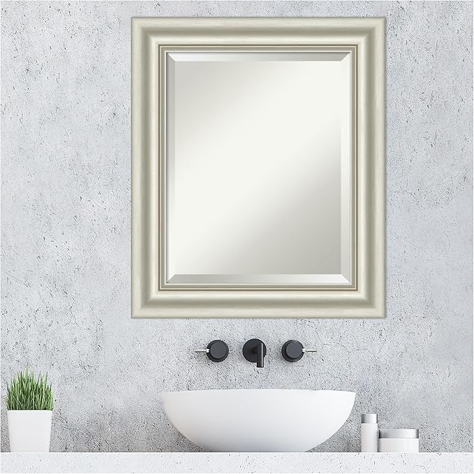 Amanti Art Bathroom Mirror for Over Sink, 26x22 Sophia Silver Rectangle Vanity Mirror, Small Traditional Frame, Hangs Horizonally and Vertically, Bathroom Wall Decor, Beveled Edge