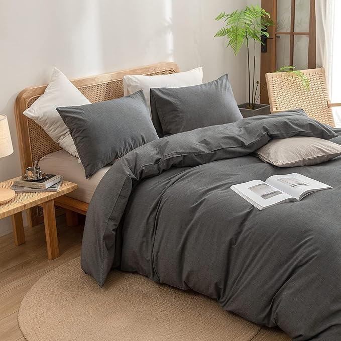 BESTOUCH Duvet Cover Set 100% Washed Cotton Linen Feel Super Soft Comfortable Chic Lightweight 3 PCs Home Bedding Set Solid Dark Grey Oversized Full
