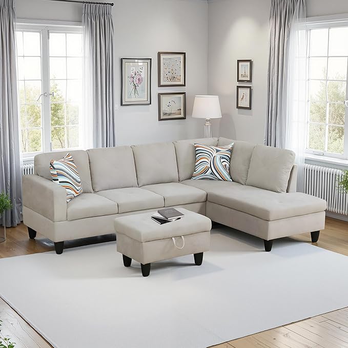 NicBex Sectional Couch 3 Pieces Sofa Set with Left Chaise Flannel L Shaped Cloud Couch for Living Room Furniture Sets with Storage Ottoman, Modular Sofa for Living Room & Apartment, Off-White
