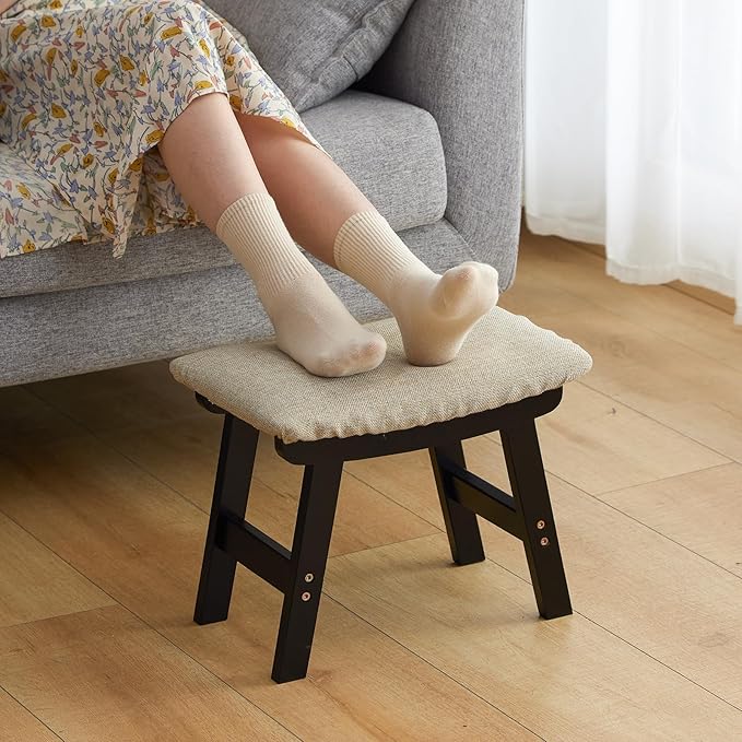 Foot Stool Ottoman Foot Rest Under Desk,Small Stool for Living Room, Bedroom and Kitchen (Black Legs - Beige Stool Surface)