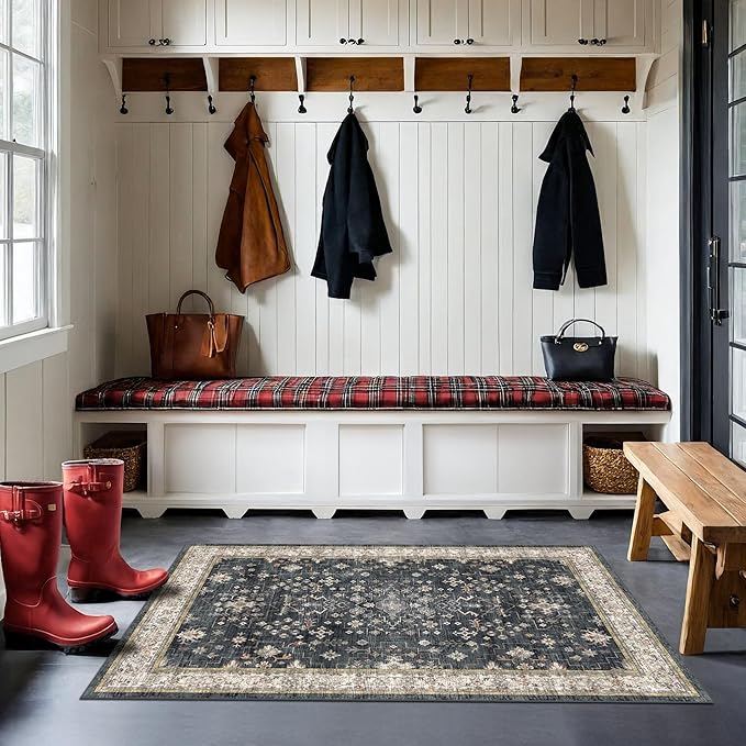 Large 3x5 Entryway Rug Indoor - Washable Non-Slip Low Pile Ultra Soft Area Rug for Large Kitchen, Bedroom Bedside, Mudroom - Boho Modern Aesthetic Geometric Decor (3x5 Black/Multi)