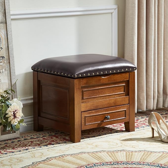 Storage Ottoman with Drawer, Microfiber Leather Padded Top Foot Rest Stool with Nailhead Trim for Bedroom Living Room