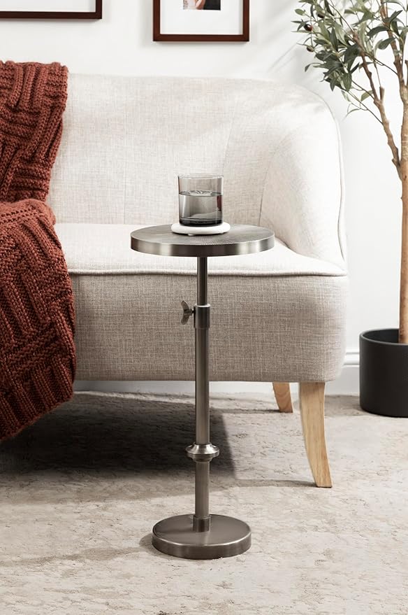 Kate and Laurel Engles Traditional Adjustable-Height Pedestal Drink Table; 10 x 10 x 30; Antique Silver; Vintage Round Indoor Metal Plant Stand with Embossed Sunburst Pattern