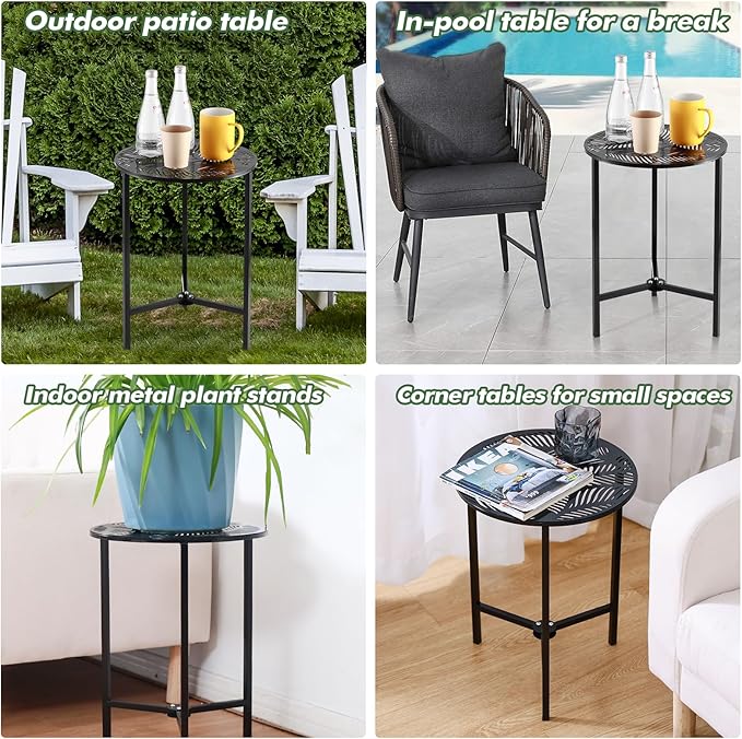2 Packs 13" Metal Outdoor Side Tables Small Black Outside End Table for Patio Round Accent Corner Stand for Small Spaces Weather-Resistant Coffee Table for Balcony Porch Plant Stand, Palm Leaf