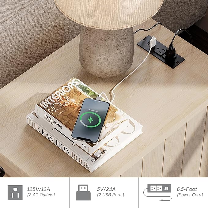 WAMPAT Beige End Table with Charging Station, Wooden Side Table with Storage Cabinet & Drawer, Elegant Nightstand with Power Outlets & USB Ports for Bedroom, Living Room