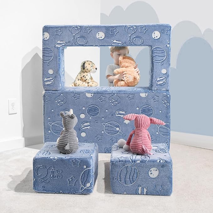 MeMoreCool Glow in The Dark Space Kids Modular Play Couch, Blue Fold-Out Foam Lounge Chair Sofa for Girls and Boys, Bedroom and Playroom