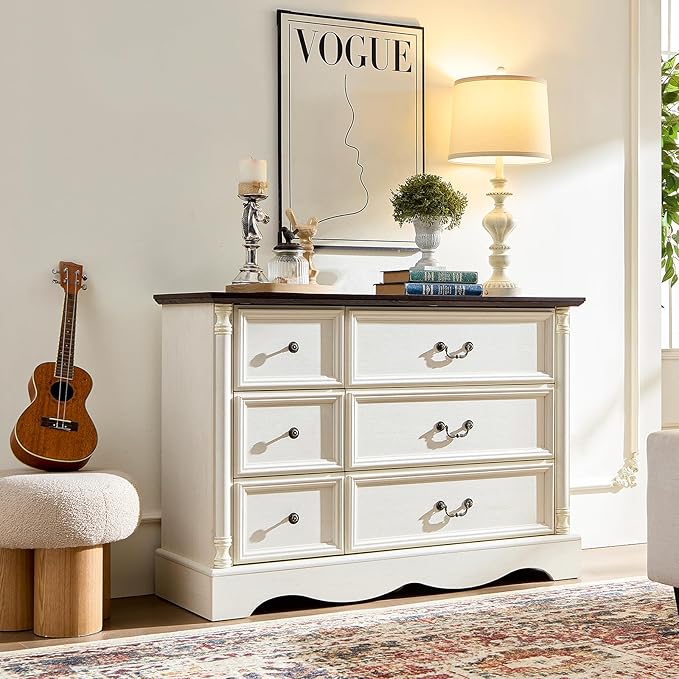 Farmhouse 6 Drawers Dresser for Bedroom with Charging Station, Wood Country Rustic Storage Dressers Organizer, Vintage Design Chest of Drawers for Bedroom, Living Room