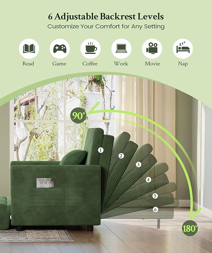 53” Convertible Sofa Bed Couch, Corduroy Couch Bed, 6-Position Loveseat Sleeper Sofa, Love Seat Sleeper Bed 23.6" Extra Deep Seat, Modern Couches for Living Room/Apartment/Home/Office, Green