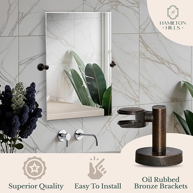 Hamilton Hills 30x40 inch Frameless Pivot Mirrors for Bathrooms with Oil Rubbed Bronze Rounded Wall Brackets - Rectangular Tilting and Farmhouse Wall-Mounted Vanity - Hangs Horizontally and Vertically