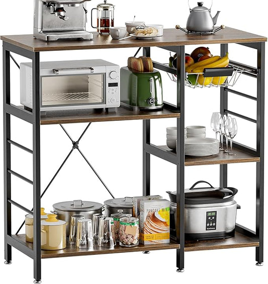 Baker’s Rack, Microwave Oven Stand with Bamboo Frame, 35.43" Coffee Bar with Wire Basket & 6 Hooks, 3-Tier Kitchen Storage Shelf Stand for Kitchen, Living Room, Office, Rustic Brown