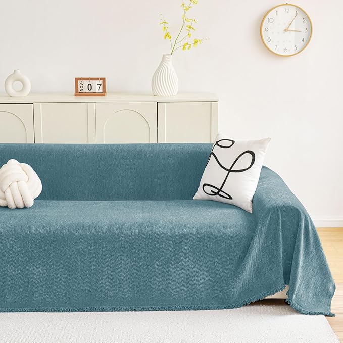 hyha Couch Cover for Dogs, Boho Sofa Covers for 3 Cushion Couch Washable, Chenille Sofa Slipcover for Pets, Soft Loveseat Sectional Couch Throw Blankets with Tassels (Blue, 88.5x150 Inch)