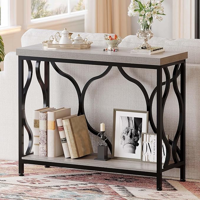IBF Entryway Table with Storage, Modern Wood Metal Console Sofa Table Behind Couch Tables, Industrial Narrow Hallway Table for Small Living Room Home Office Foyer Entry Way Entrance, Grey, 39.4 Inch