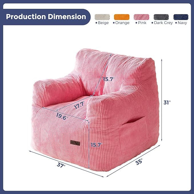 MAXYOYO Bean Bag Chair, Tufted Bean Bag Couch Lazy Chair, Living Room Sofa Couch with Filler for Adult Teens Kids, Corded Fabric Accent Sofa for Bedroom Dorm, Pink