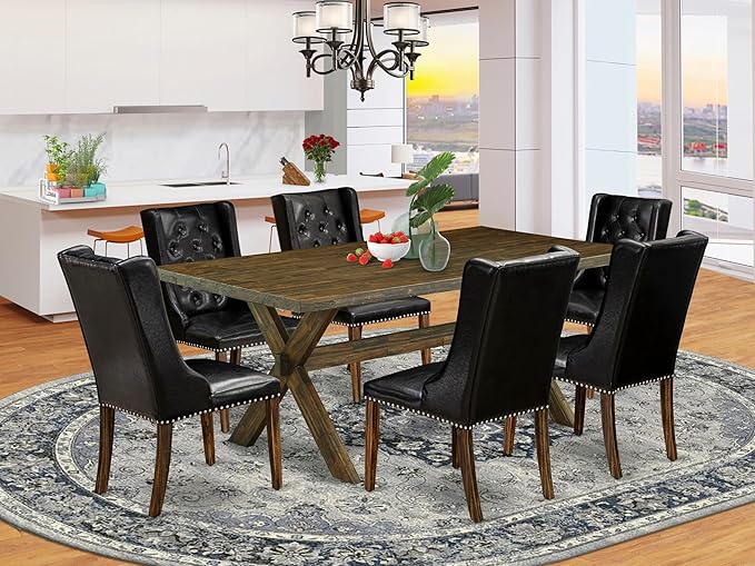 East West Furniture X777FO749-7 7 Piece Dining Room Furniture Set Consist of a Rectangle Dining Table with X-Legs and 6 Black Faux Leather Upholstered Chairs, 40x72 Inch, Multi-Color