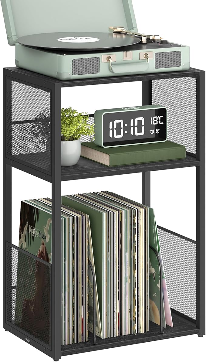 VASAGLE Record Player Stand, 3-Tier Side Table, Vinyl Record Storage up to 100 Albums, End Table for Living Room, Bedroom, Ebony Black ULET275B01