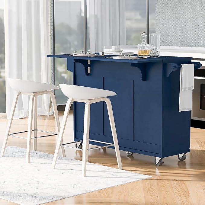 53" Kitchen Island with Drop Leaf,Dining Storage Cart W/Spice Rack,Towel Rack and 2 Drawers,Rolling Island on Wheels W/Adjustable Shelves for Kitchen,Dining Room,Navy Blue