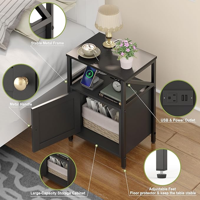 Farmhouse Side Table with Charging Station -3-Tier USB Ports & Outlets End Table, Compact Bedside Storage Table for Small Spaces, Multi-Functional Accent Table for Living Room, Couch Entryway Black
