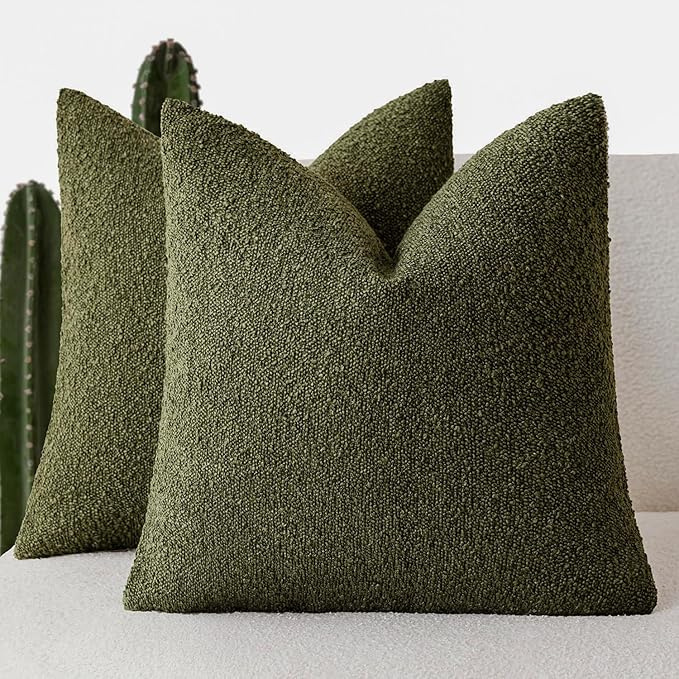 Foindtower Pack of 2 Modern Textured Boucle Throw Pillow Covers Accent Solid Decorative Pillow Cases Cozy Woven Couch Cushion Case for Chair Sofa Bedroom Living Room Home Decor 20x20 Inch Moss Green