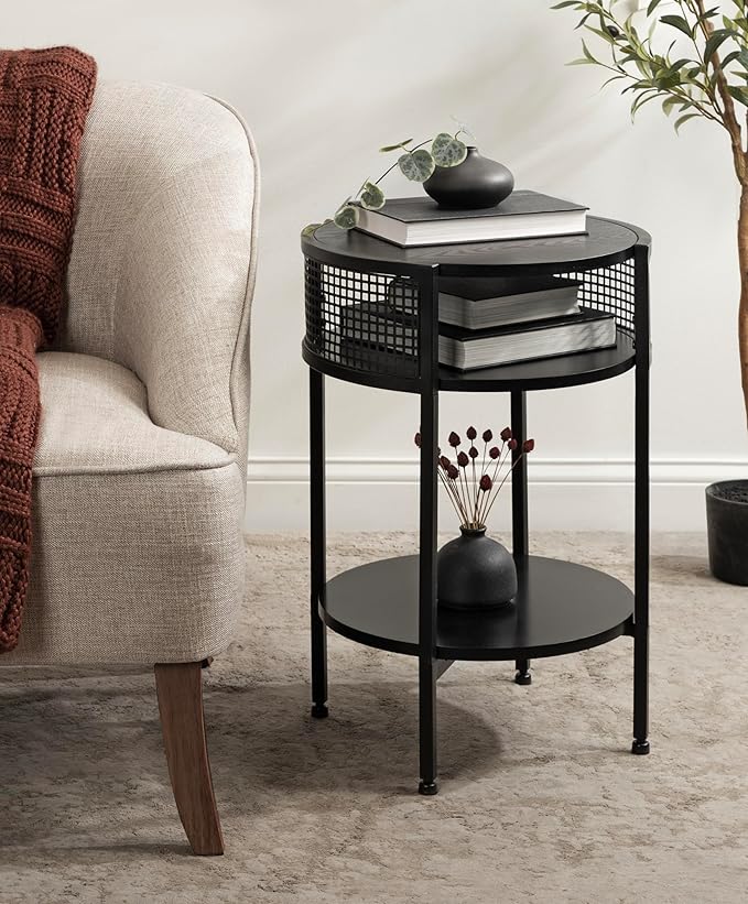 Kate and Laurel Urso Modern Tiered Round Side Table, 16 x 15 x 25, Black, Transitional Two-Tier Circle Living Room Table with Storage and Metal Mesh Construction
