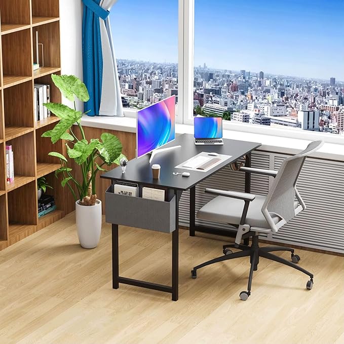 47 Inch Desk Office with Storage, Modern Simple Style Gaming Computer Table for Youth Student Adult, Metal and Wood Home Office Furniture, Black