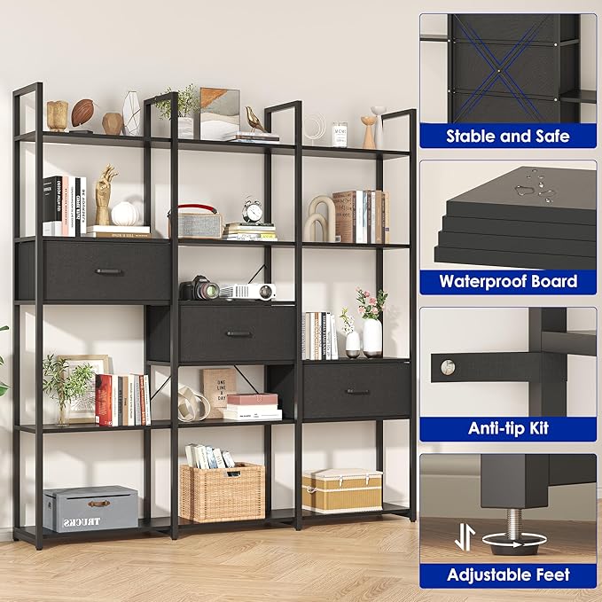 73.6" Tall Bookshelf with 3 Drawers and 16 Storage Shelves, Industrial Bookcase with 16 Open Display Shelves, Large Etagere Bookshelf, Triple Wide Book Shelf Book Case for Home & Office, Black