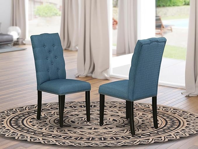 East West Furniture ELP1T21 Elsa Parson Kitchen Chairs - Button Tufted Nailhead Trim Blue Linen Fabric Upholstered Dining Chairs, Set of 2, Black