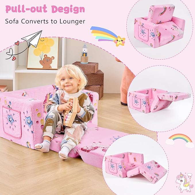 Toddler Couch,Toddler Chair,Kids Chair 2-in-1 Baby Seat Furniture Fold Out, Convertible Sofa to Lounger Comfy Glow in The Dark Sofa Bed,Gifts for Kids Girl Boys,Unicorns Rainbow,Medium