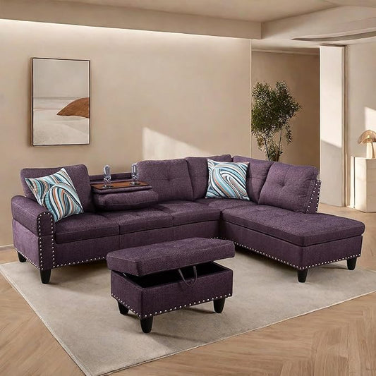 L Shaped Sectional Couches, Modular Sectional Sofa with Ottoman Storage, Nail-Head Design Lounge Sofa with Reversible Cup Holder for Living Room, Bedroom, Purple