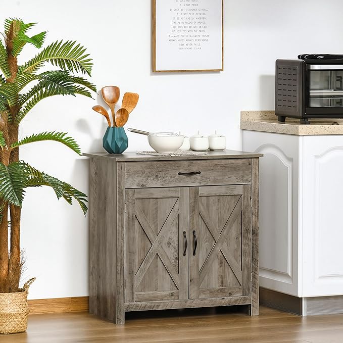 HOMCOM Farmhouse Sideboard Buffet Cabinet, Barn Door Coffee Bar Cabinet with Drawer and Adjustable Shelf, for Living Room, Entryway, Gray