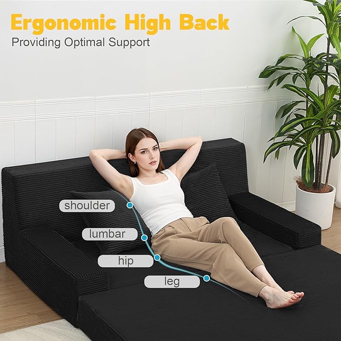 MeMoreCool Boneless Folding Sofa Bed Queen, Corduroy Convertible Sleeper Chair, Foldable Foam Mattress Chair, Comfy Fold‑Out Futon Couch Bed, Large Floor Sofa Couch for Living Room Guest