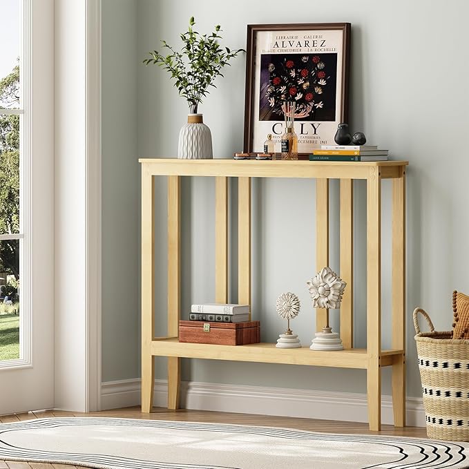 ELYKEN Console Tables for Entryway, 36.2" Long 2 Tier Hallway Table Behind Couch, 7” Narrow Sofa Table for Entrance, Entry, Living Room, Natural