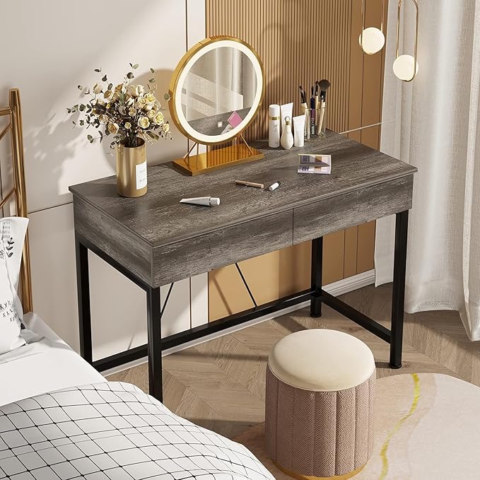 CAIYUN 40Inch Small Desk with 2 Wooden Drawers,Vanity Desks for Home Office with Storage, Simple Computer Desk for Small Space,Desk for Bedroom, Modern Writing Work Kids Study Desk Table, Grey Oak