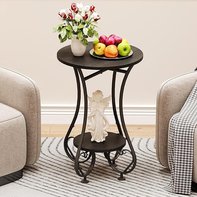Side Table,Small Round End Table for Small Spaces - Round Bedside Nightstand Table with Metal Frame,Couch Sofa Coffee Table,Retro Accent Table for Living Room Bedroom Balcony,Black,Upgraded Version
