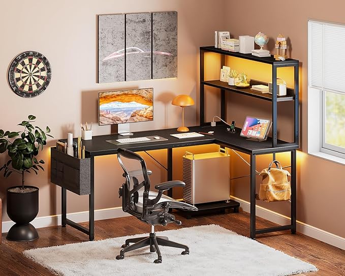 Casaottima Gaming Desk with Power Outlets & LED Lights, 43 Inch Reversible L Shaped Computer Desk with Shelves & Storage Bag, Corner Desk for Home Office, Black