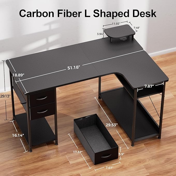 GTPLAYER L Shaped Desk with Drawers, Carbon Fiber Style Computer Desk with Monitor Shelf, Black Small L Shape Desk with Adjustable Open Storage Shelf, Corner PC Table for Small Space Home Office