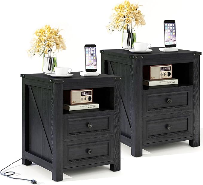 Vipbear Nightstand Set of 2, 18” Wide Farmhouse Night Stand with Charging Station for Bedroom, End Table with 2 Drawers Living Room Wood Sofa Side Table with Storage, Black