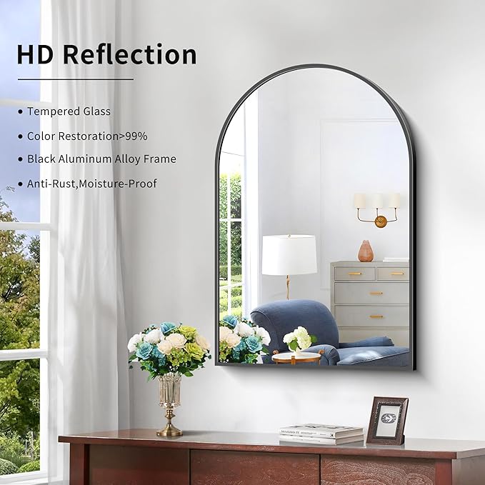 Arched Mirror, 20"x30" Black Bathroom Mirror with Metal Frame, Wall Mounted Mirrors Decor Modern Dresser Mirror for Bedroom Living Room Entryway