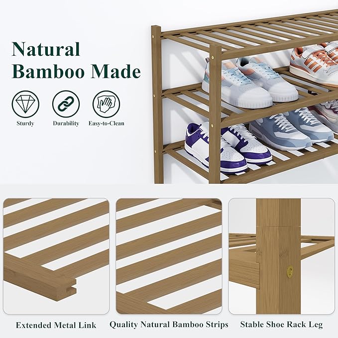 Smiry Shoe Rack, 3 Tier Thick Bamboo Shoe Organizer, Stackable Free Standing Wooden Shoe Storage Shelf for Closet, Entryway, Front Door Entrance, Walnut