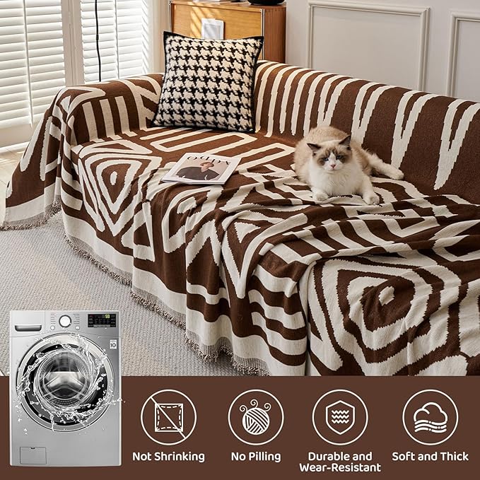 STACYPIK Soft Breathable Boho Chocolate Sofa Cover Stain Resistant Furniture Protector for 3 Cushion Couch Washable Sofa Cover for Dogs Cats Dark Khaki Reversible Sectional Covers for Sofa-91X118IN