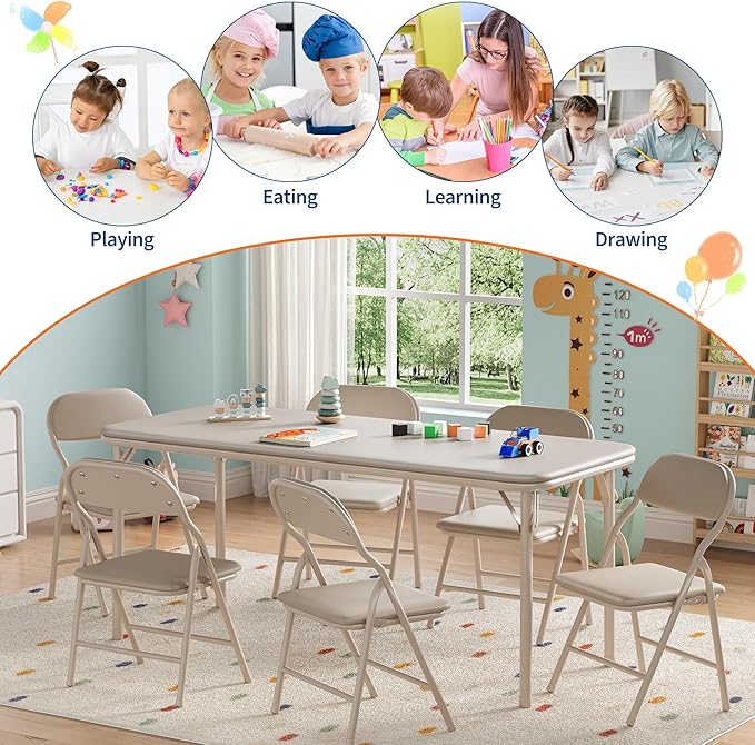 GarveeHome 7-Piece Kids Folding Table and Chairs Set, Toddlers Children's Activity Table and Chairs Set for Dining Room,Daycare,Classrooms