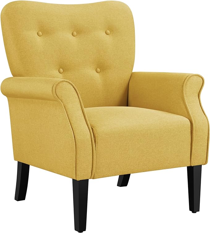 Yaheetech Modern Armchair, Mid Century Accent Sofa Chair with Sturdy Wood Legs and High Back, Upholstered Fabric Sofa Club Chair for Living Room/Bedroom/Office, Yellow