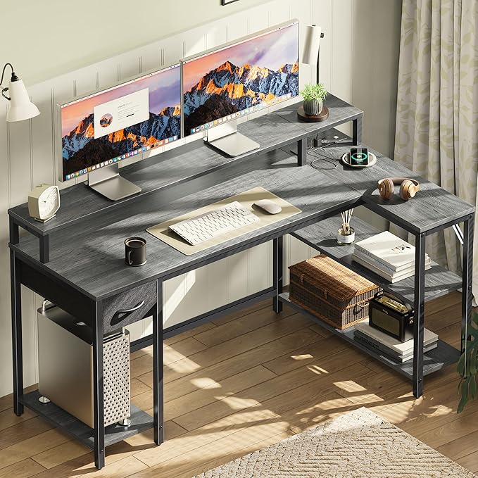 SUPERJARE 53 inch Reversible L Shaped Desk with LED Lights & Power Outlets, Computer Desk with Shelves & Monitor Stand, Gaming Desk with Drawer, Home Office Desk Corner Desk, Grey