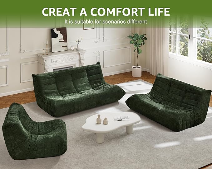 Hobestluk Bean Bag Chair Giant Bean Bag Sofa 2 Seater Bean Bag Chairs for Adults, Loveseat Floor Chair, Bean Bag Chairs for Living Room Bedroom Dorm Office (Green Chenille, Loveseat)