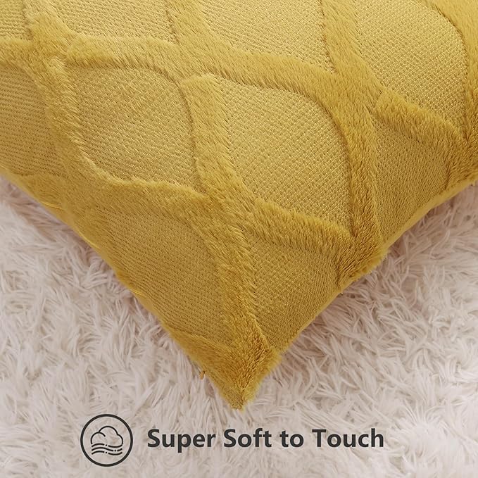 decorUhome Fall Throw Pillow Covers 24x24 Inch Set of 2, Soft Plush Faux Fur Wool Mustard Yellow Couch Pillow Covers, Decorative Neutral Pillow Cases for Bed Sofa Living Room Home Decor